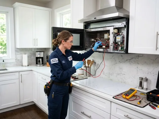 Appliance Repair Hero technician testing an over-the-range microwave in a Anahuac, TX kitchen
